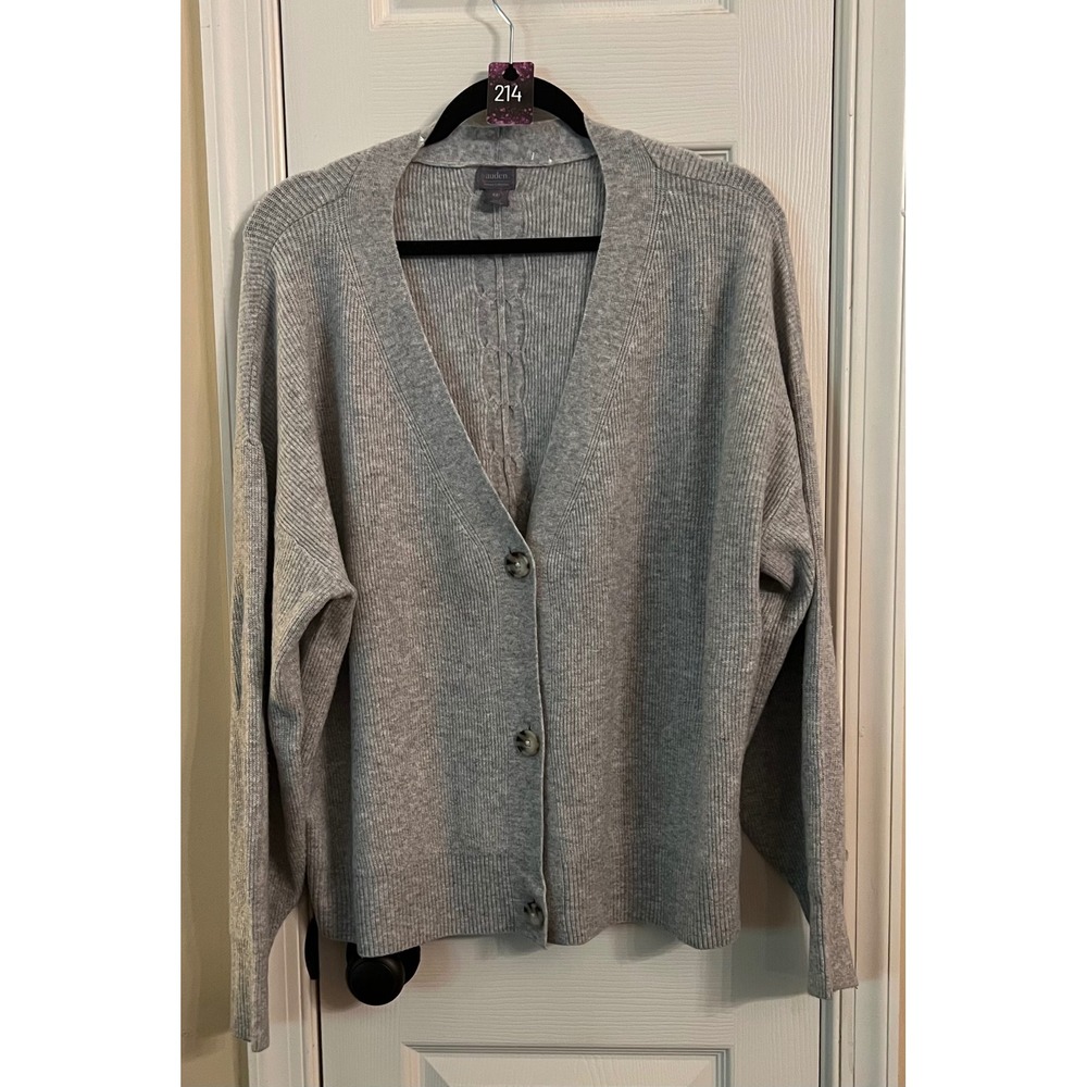 Auden Luxury Collection Gray Ribbed V-Neck Cardigan Sweater XXL Cable Knit Back